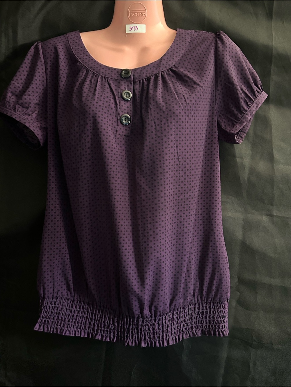 Fred David Purple Short-Sleeve Stretch Smocked Hem Women's Top MD